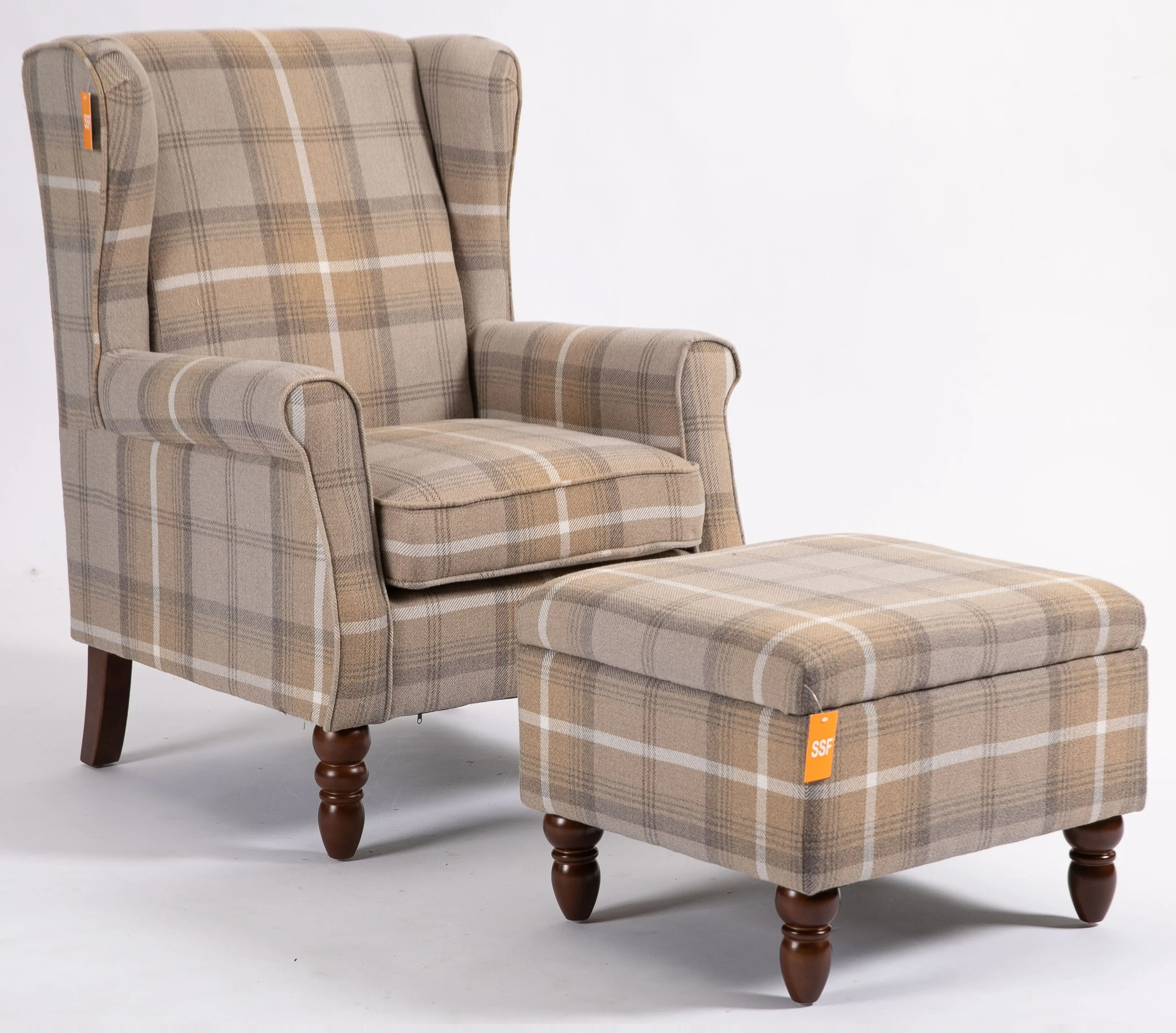 Pleasurable and Sturdy Fabric Upholstered Solid Wood Living Room Armchair with Storage Footrest