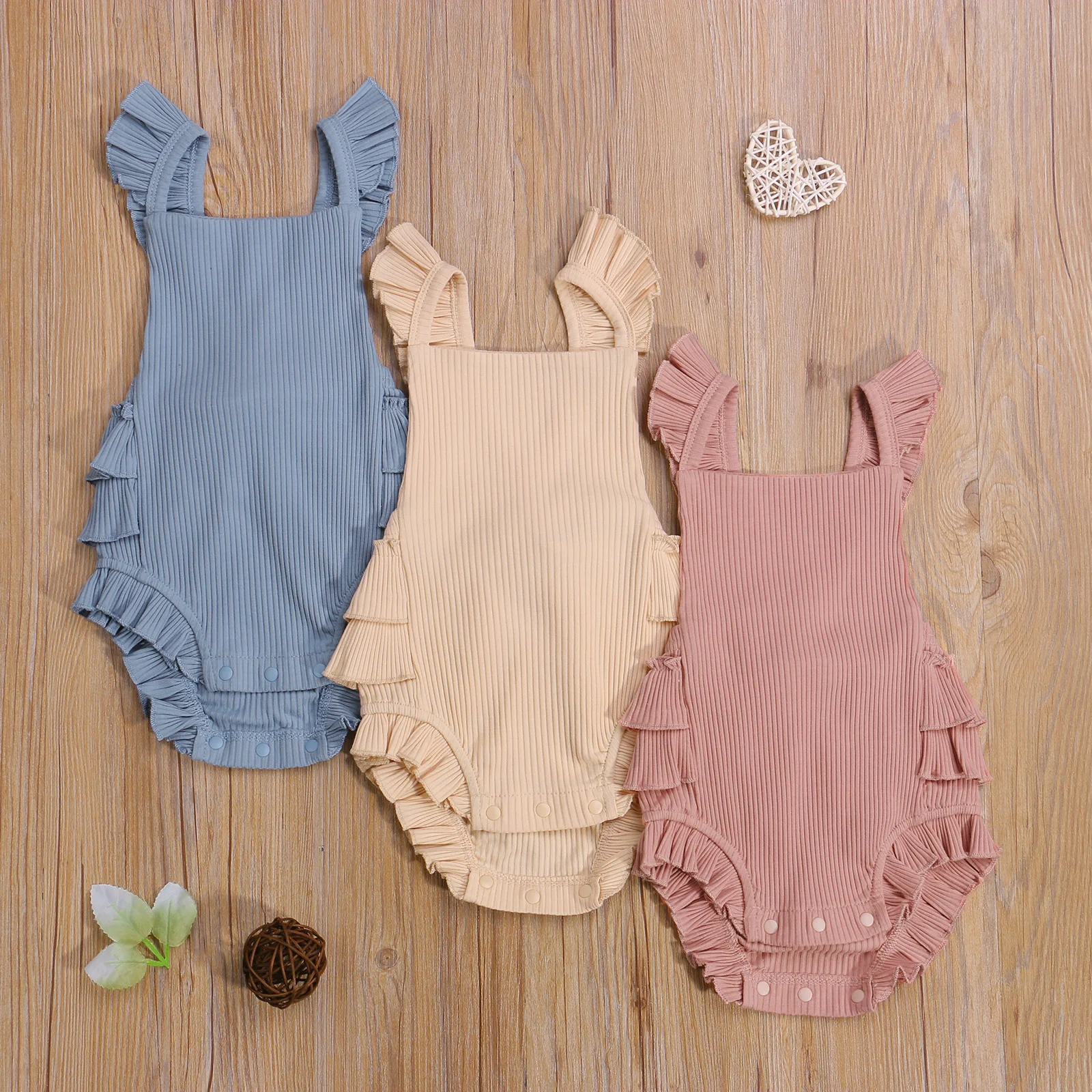3 Colors 0-24M Infant Baby Girls Boys Rompers Solid Ruffles Short Sleeve Backless Jumpsuits Outfits