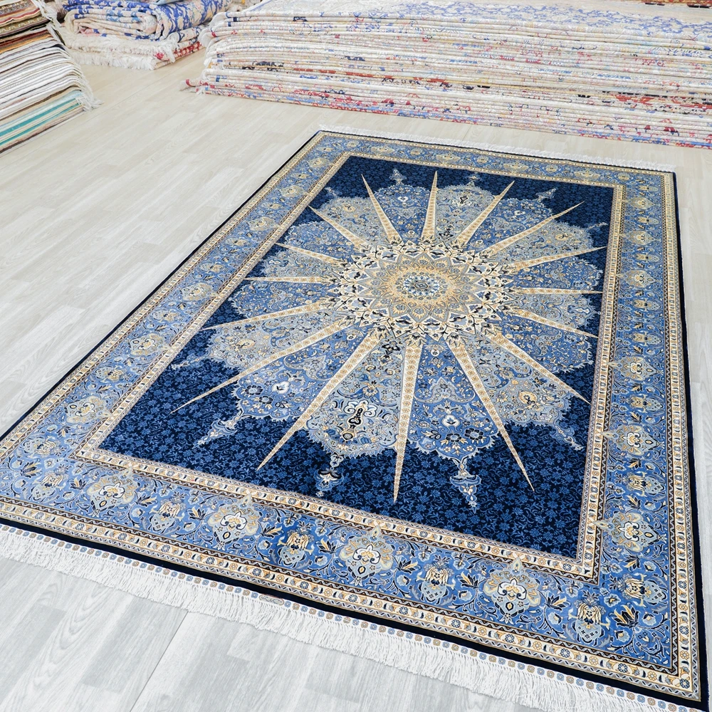 Pure Silk Handmade Turkey Dubai Indian Factory Samarkand Blue Turkish Carpet for Living Room