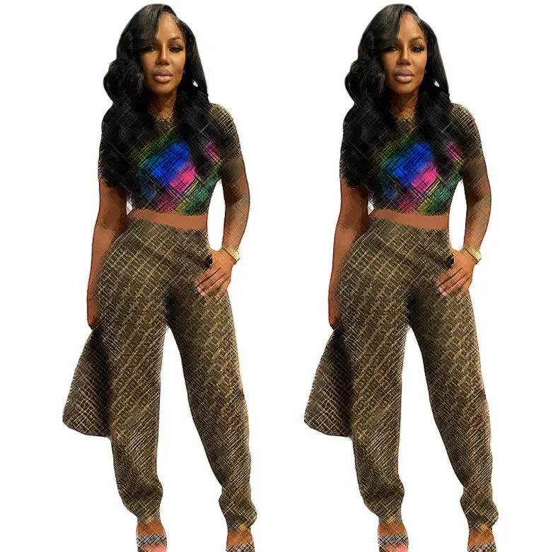 2022 fashion casual designer brand printing short sleeve crop top + trousers two piece pants set