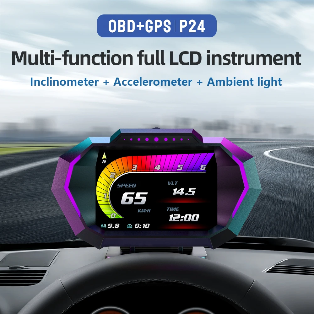 P24 Car Head-Up Display HUD LCD OBD GPS Speedometer LED Display Type for Water Temperature Fuel Consumption Speed Motorcycles