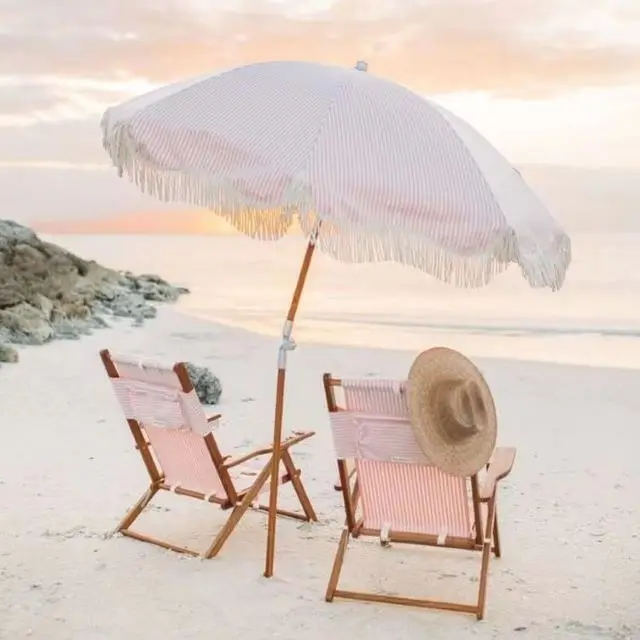 Wooden Pole Canvas Waterproof Patio Swimming Pool Sun Garden Beach Outdoor Parasols Umbrella With Tassels