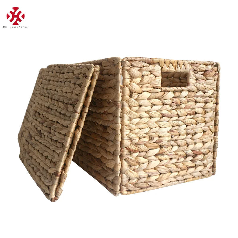 XH 12 inch square handwoven Vietnam natural water hyacinth foldable clothes storage baskets