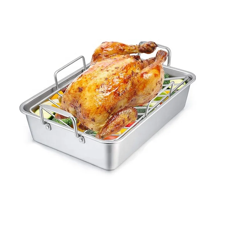 14 Inch Stainless Steel Roaster Roasting Pan with Cooling Rack set Oven Pans for Cooking Lasagna with Stainless Steel Handles