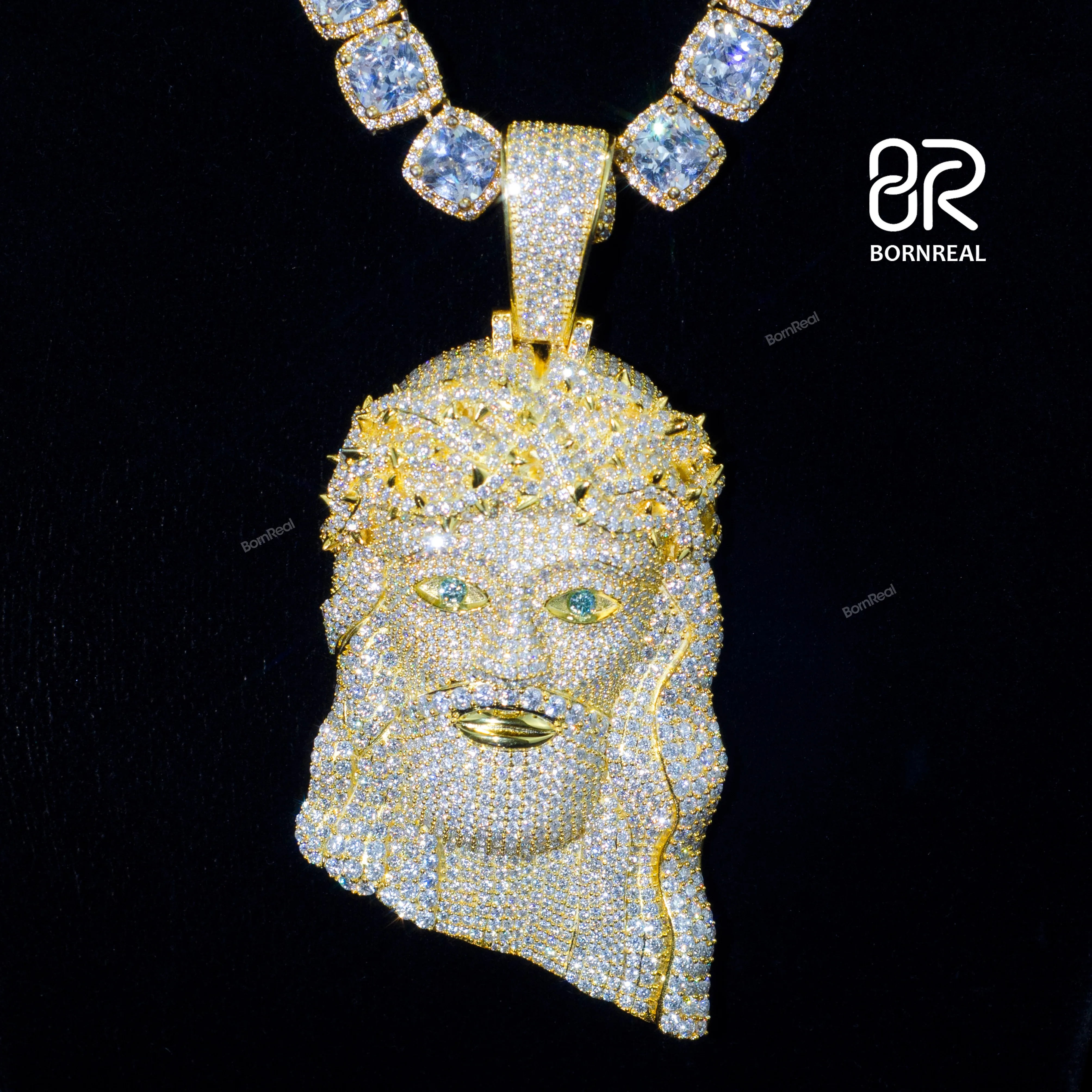 Ювелирные изделия на заказ VVS Moissanite Diamond Christ большой кусок лица Иисуса кулон золотая цепочка Серебряный Крест Эмаль со льдом для мужчин