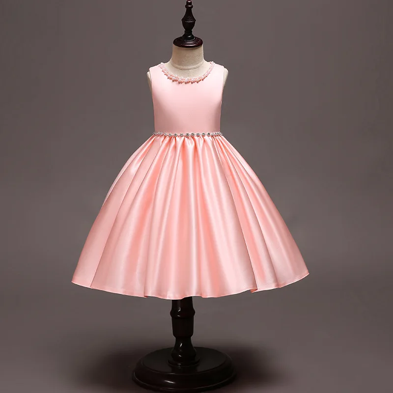 2020 High Quality Wedding Satin Sleeveless Girl Party Dress O-neck Girl Dress 4-12 Years Red Christmas Party Dress