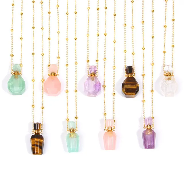 Zooying Colorful Tiger Eye Stone Amethyst Vase with Gold Plated Chain Necklace Crystal Healing