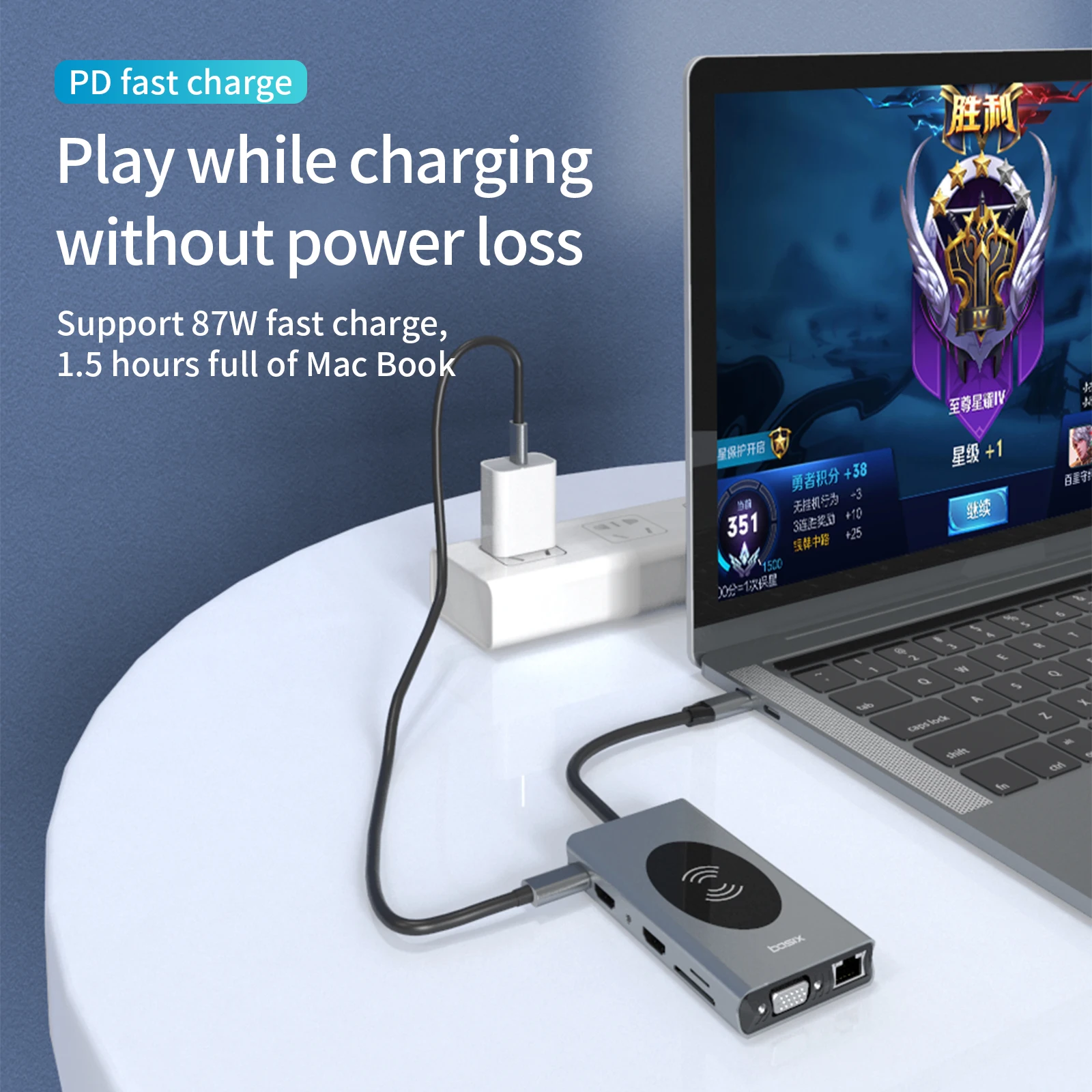 HUB BASIX 14 in 1 usb hub wireless charger type c to HD-MI*2 VGA USB3.0*5 SD TF RJ45 PD AUDIO3.5 10W