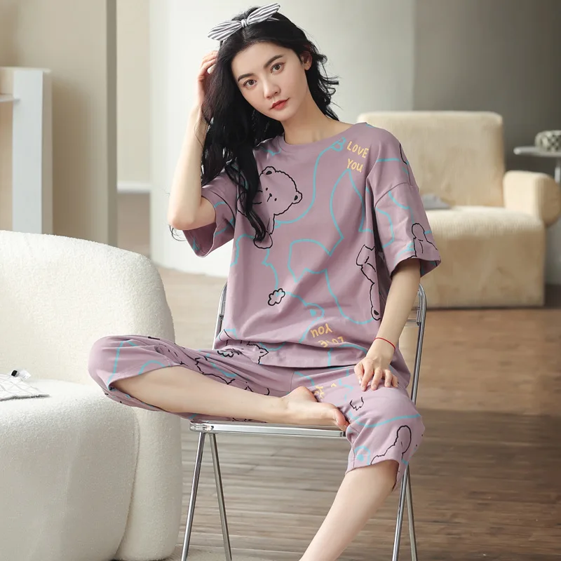 Wholesale sales 2024 summer cotton pajamas women short sleeve capri pants sweet casual summer comfortable home wear two sets