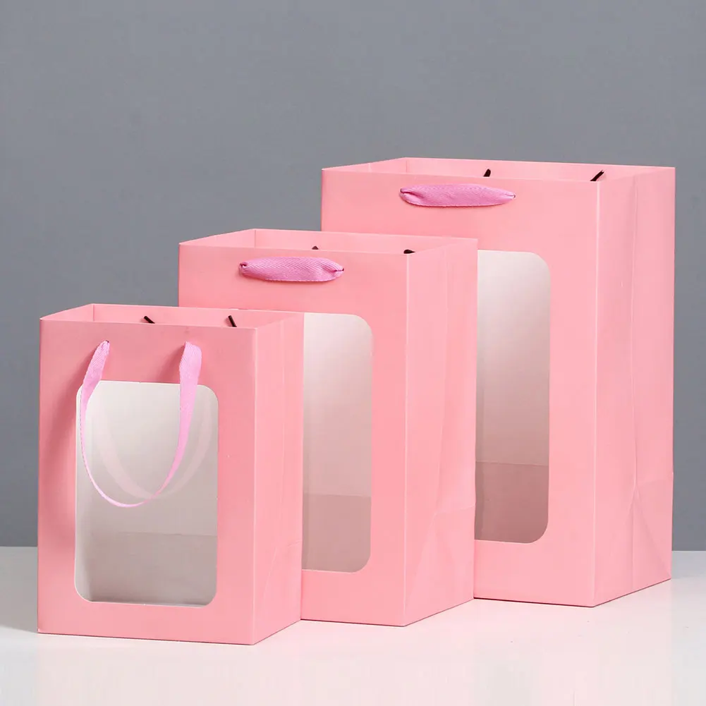 Wholesale Floral Gift Box, Open Transparent Window Fashion Gift Doll Flower Paper Bag With Pvc Mini Cake Clear Window/