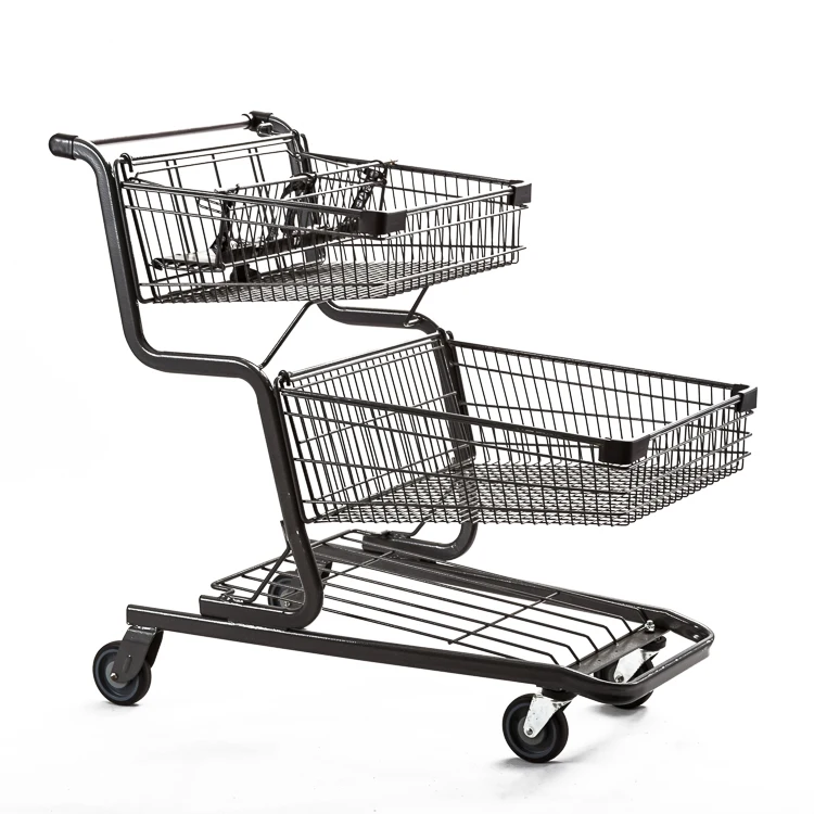 Chrome Steel Grocery Hand Push Cart Two Tier Basket Supermarket Shopping Trolley