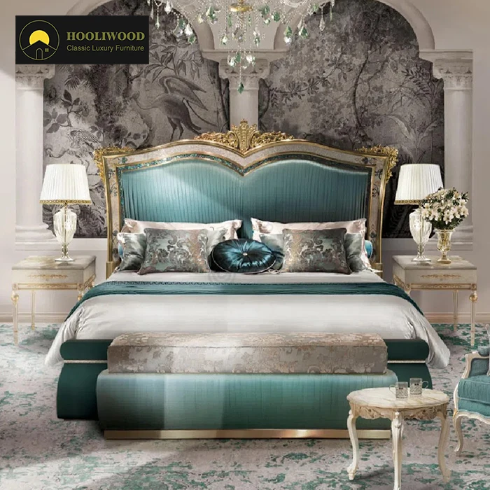 villa palace high headboard gold green queen king size rococo bed French rococo bedroom furniture bed