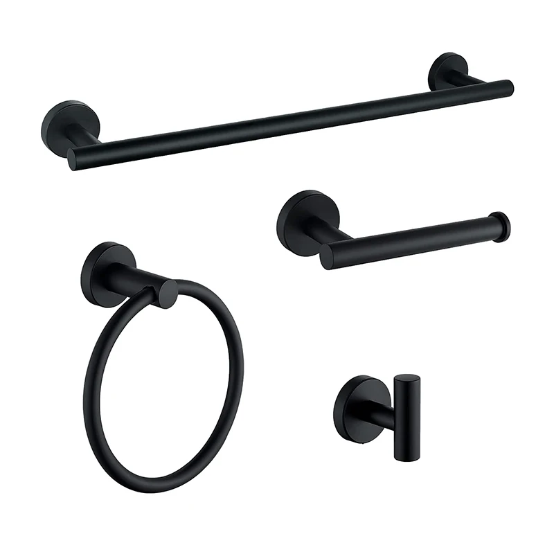 Bathroom Hardware Accessories Set 4 Piece Stainless Steel Wall Mount Black Gold Silver Towel Rail Ring Toilet Paper Holder Hook
