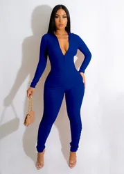 Sexy women jumpsuits Amazon new fall winter threaded zipper V neck butt lift sexy women jumpsuit 2023 jumpsuit