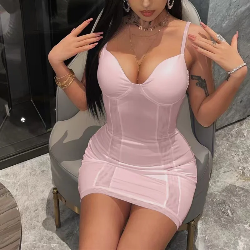 2023 New Women Sexy Club Party Short Dress Spaghetti Strap Mesh Patchwork  Backless Stretchy Sundress  Bodycon Mini  Dress