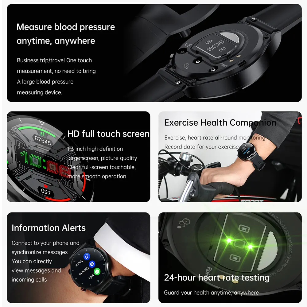 Medical grade most accurate air bag pump inflatable cuff ppg blood pressure heart bit rate monitor wrist watch