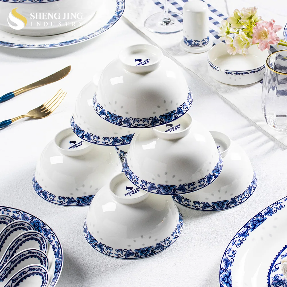 Jingdezhen Factory Bone China Blue and White Chinese Dinnerware Antique Flower Pattern Ceramic Tableware Set