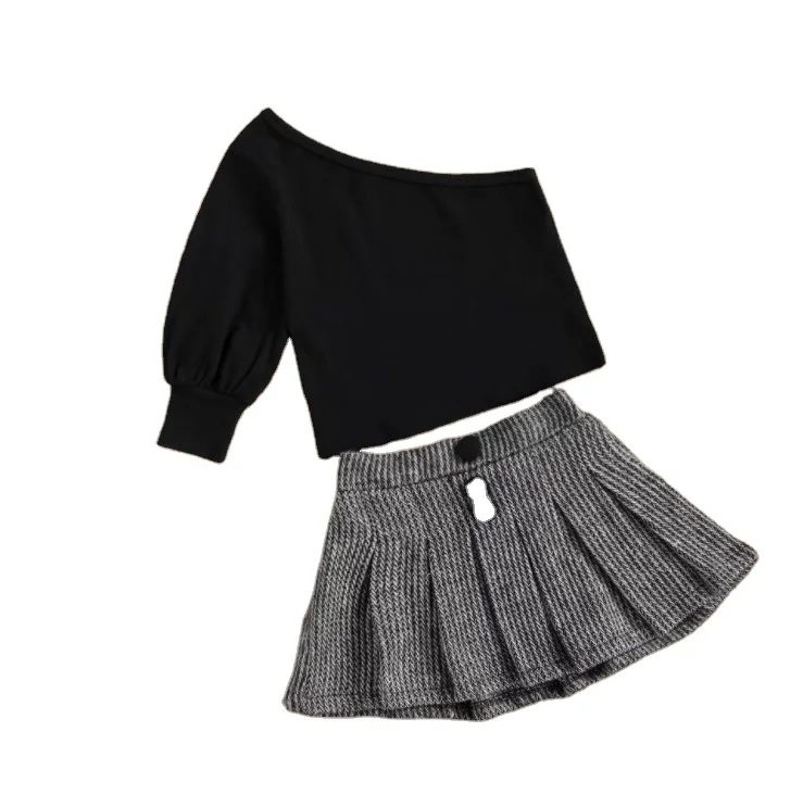 Fashion spring summer children clothes set kids one shoulder shirt plaid skirts 2pcs outfit cotton clothes