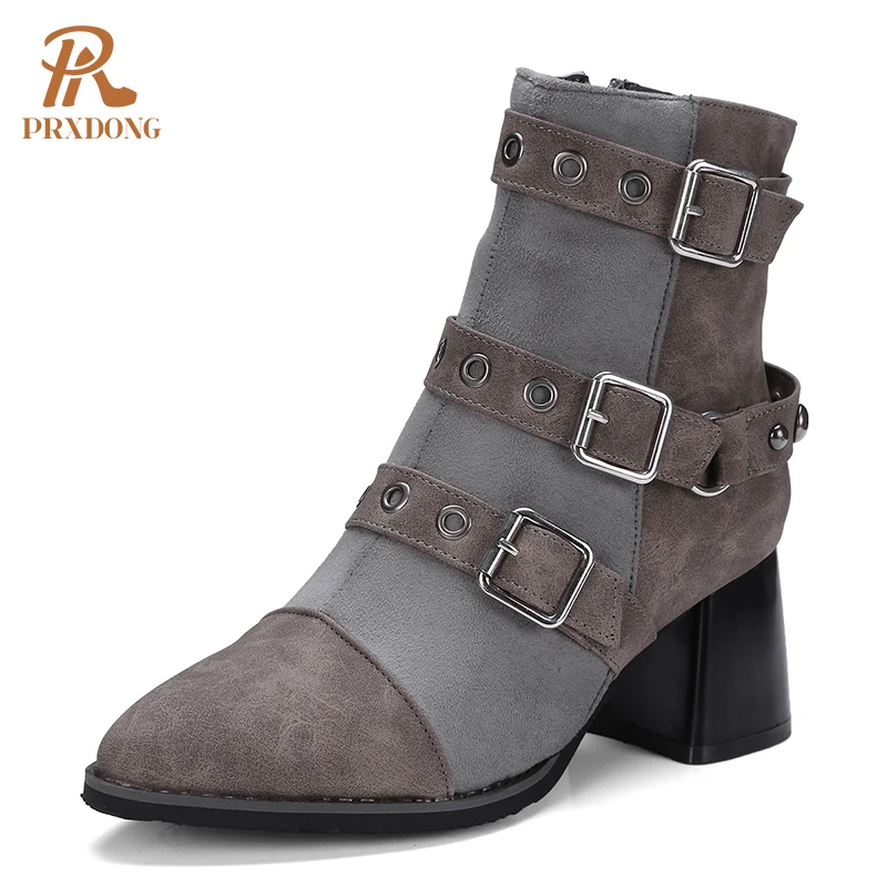 Boots Motorcycle Punk Boots Side Zipper Metal Buckle Platform PU Leather Women Ankle Boots 2021 Fall Winter High Heels Shoes 45