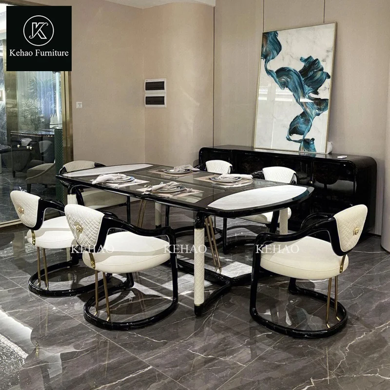 European Unique Rectangular Shape Wood Verneer Black glass Dining Table With 6 Dining Chairs Rectangular Dining Set