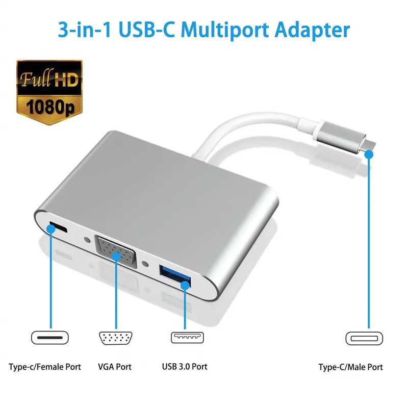 3 in 1 USB C HUB Type-C to USB 3.0 PD Charing Laptop Converter Adapter VGA Hub USB Cable