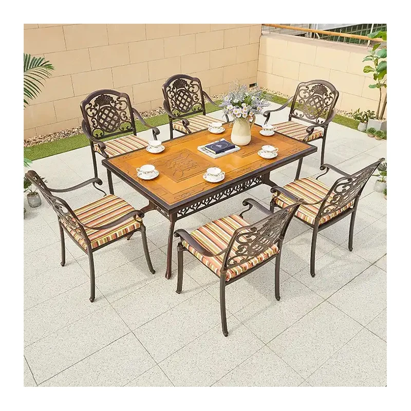 Chinese Durable Style Casting Dining Room Sets Outdoor Terrace Backyard Aluminum 6 Chairs Table Furniture Luxury