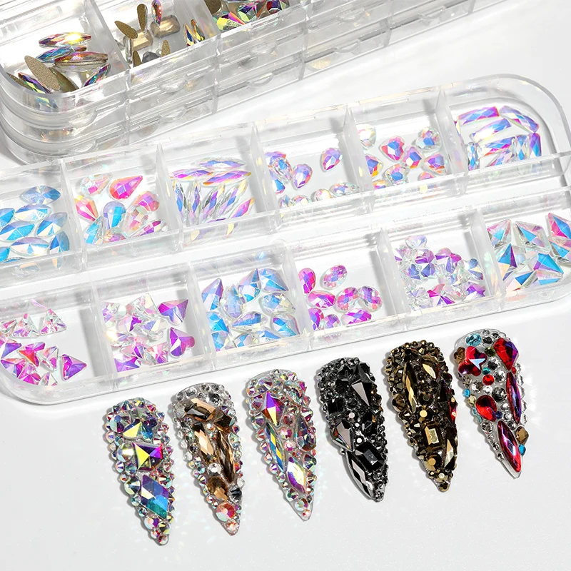 Мода 120 шт./кор. 3D AB Стразы стеклянная Смешанная форма женские сандалии с ремешками и крупными стразами коробки Нейл арт драгоценные камни оформление стразами наборы
