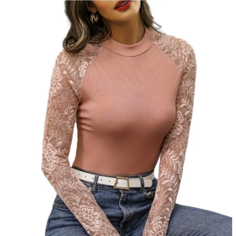 New Stylish Solid Lace Splicing Slim T-shirt Versatile Long Sleeve Mock Neck Knitted Stretchy Blouse Women Casual Top