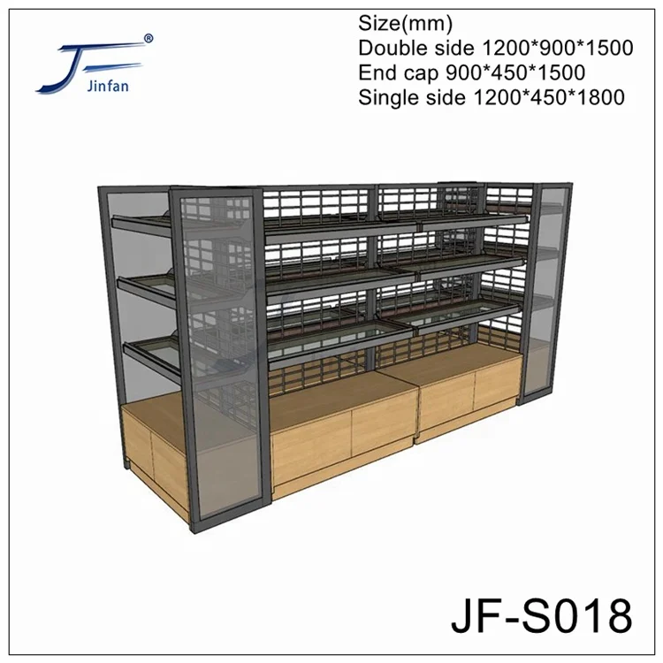 Supermarket steel and wood structure cosmetics and skin care products glass display shelf