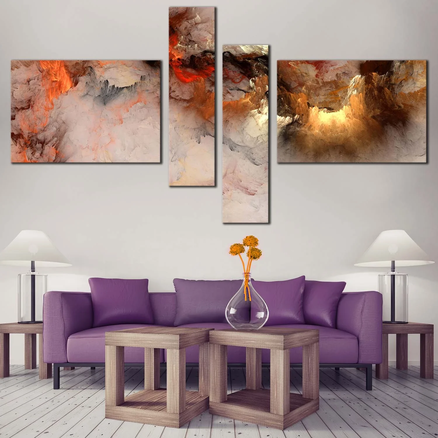 Modern Abstract Canvas Wall Art, Orange White Smoke Texture Abstract 4 Piece Canvas Print, Embossed Fractal on Canvas Set