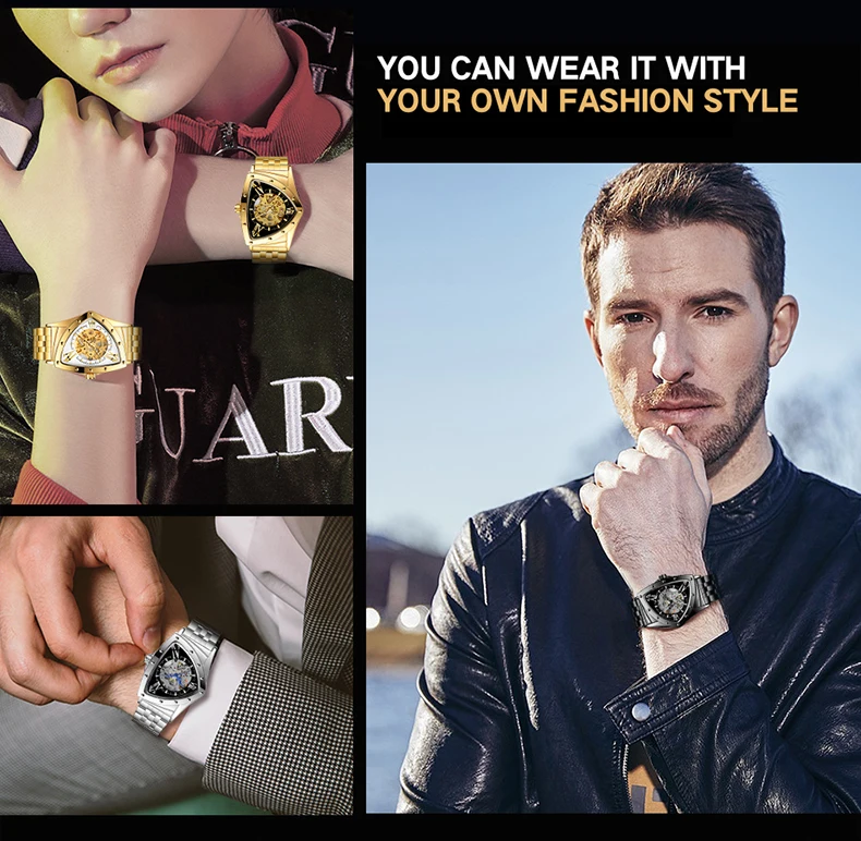 FORSINING 8242 unique China gents mechanism watch exclusive Stainless steel Strap triangle auto skeleton mechanical  wristwatch