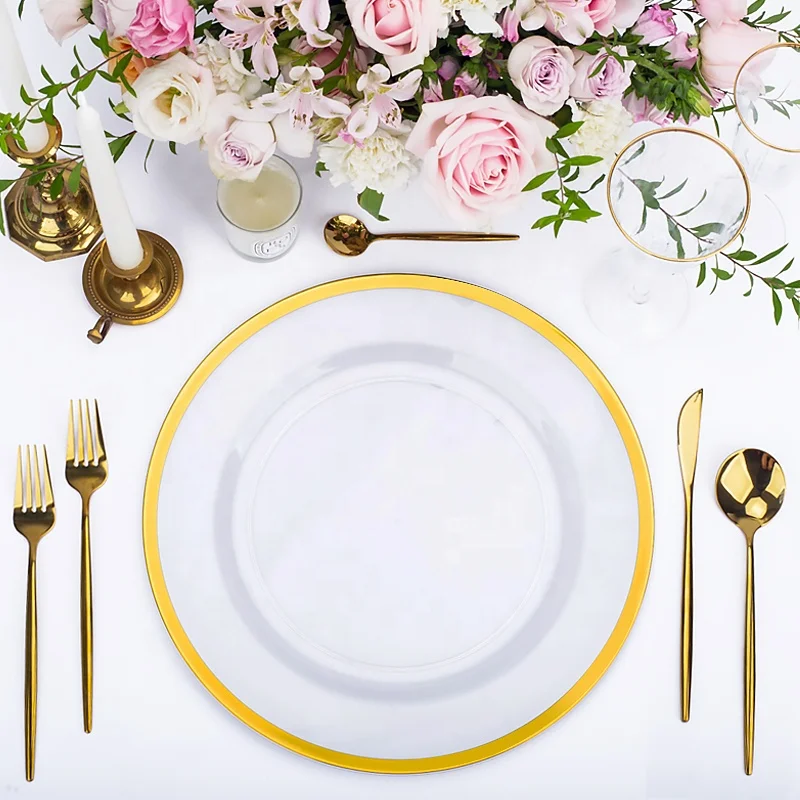 Недорогие простые пластиковые прозрачные пластины 13 дюймов из розового золота, свадебные декоративные акриловые серебряные стеклянные зарядные пластины, оптовая продажа