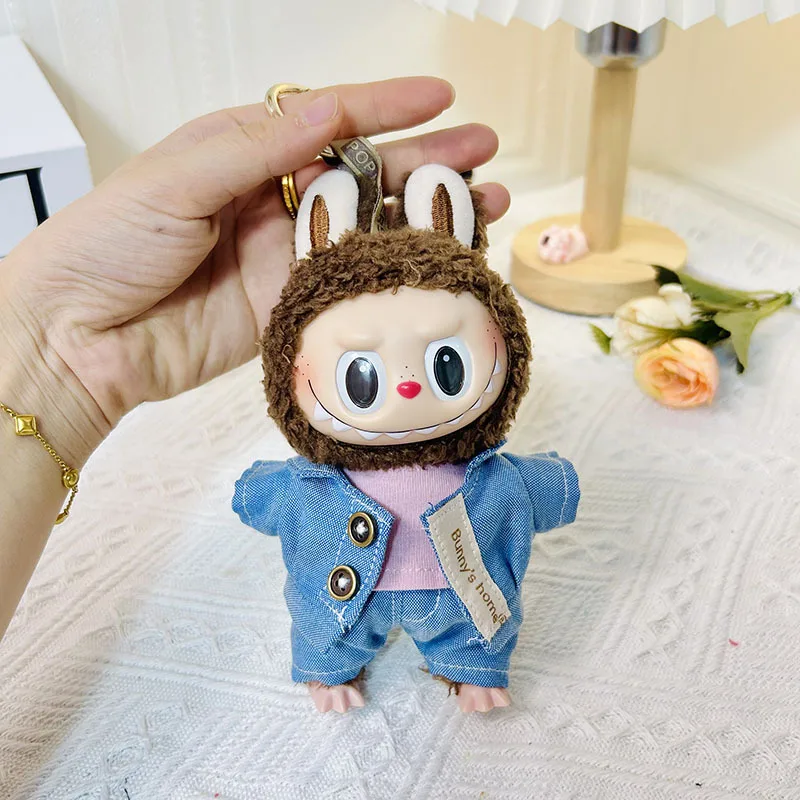 L-1995 17cm Pendant blind box replacement Doll double buckle Denim three-piece suit Cute Dress Outfit Clothes Only Labubu
