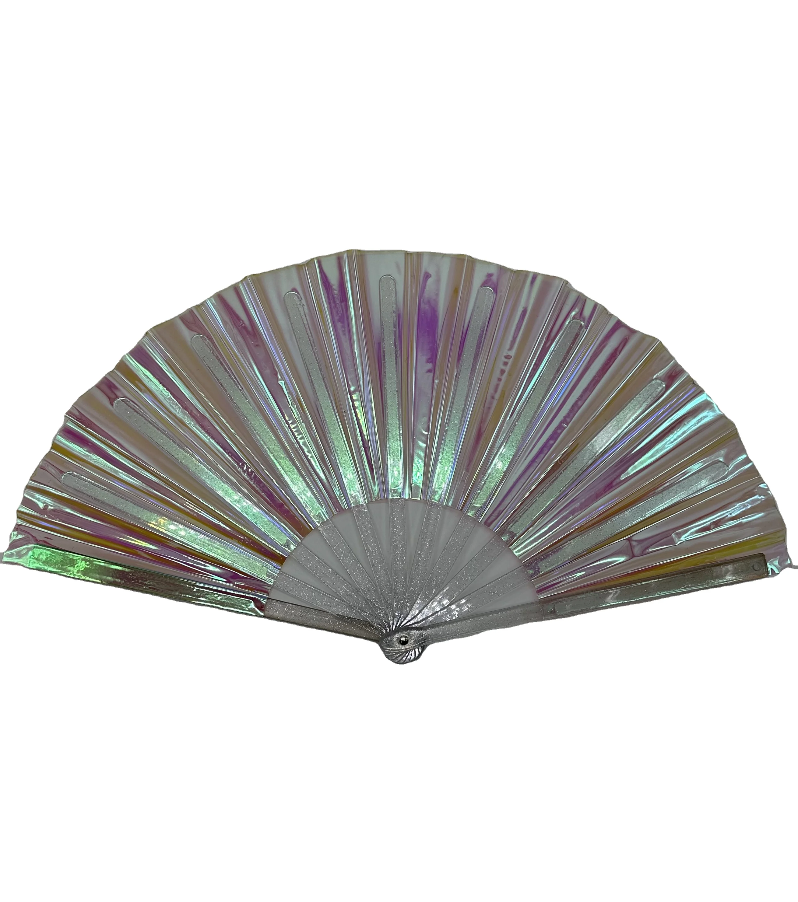 Hot sell high quality  durable Custom printed Cool Iridescent reflective bamboo PVC large hand fan