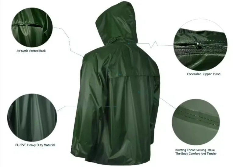High quality polyester pvc rain coat with hooded breathable rain suit with reflective tape strong rain wear 170T 190T 210T