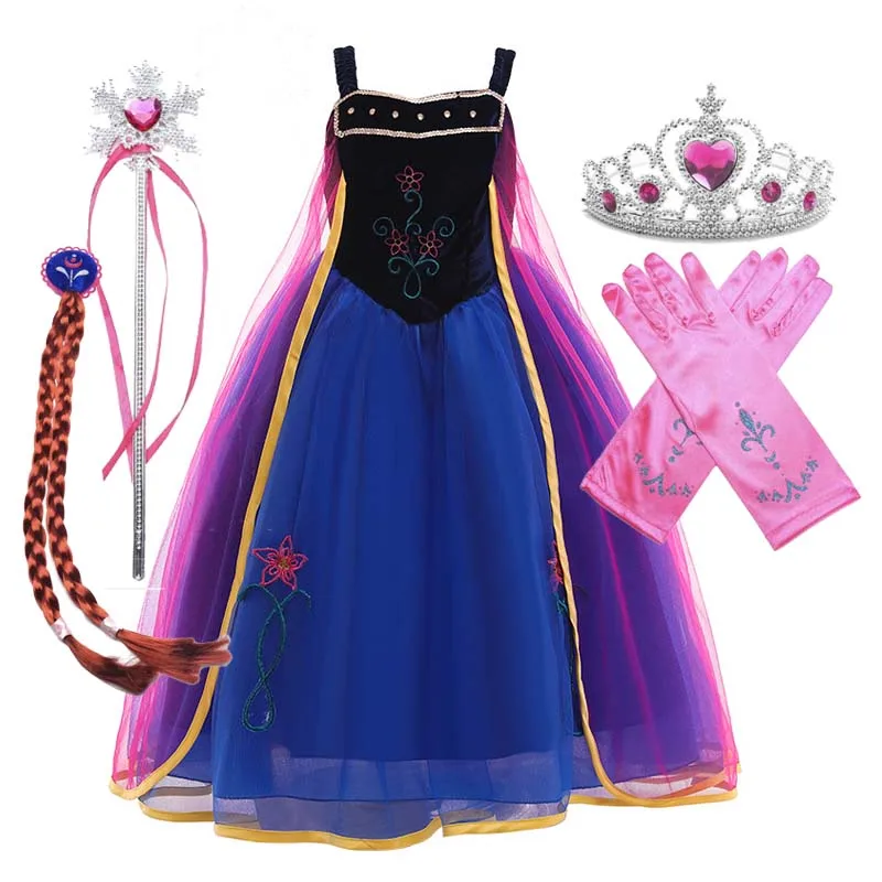 Girl Cosplay Snow Queen Princess Costume Anna Dress Costume With Crown Wand Glove Accessories HCGD-010
