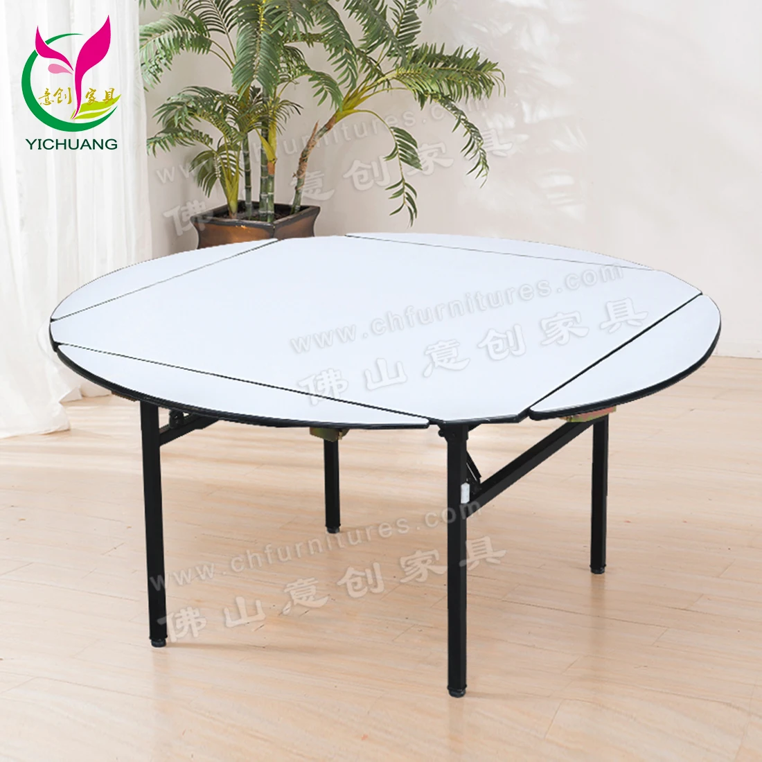 Yichuang Modern Round Square Changeable Plywood Folding Table for Dining Hotel Banquet & Restaurant Pair with Chairs
