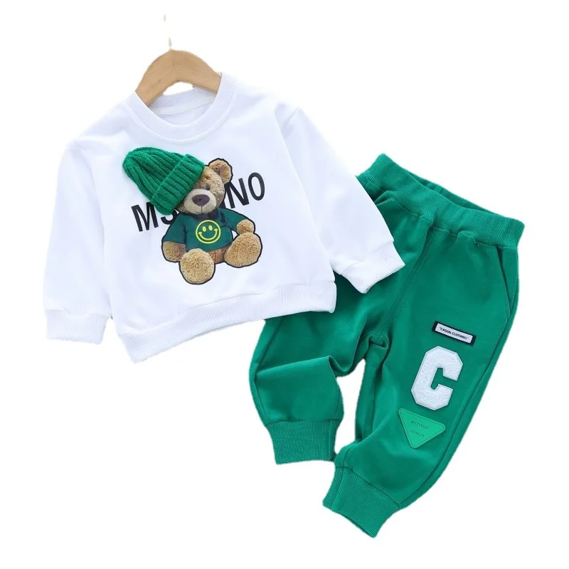 Оптовая продажа, свитер для мальчиков и девочек на весну и осень, новый спортивный хлопковый костюм для мальчиков с принтом, детская одежда из двух предметов