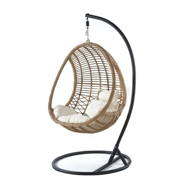 Plastic PE rattan gold leg frame iron metal Basket cushion seat Hanging Patio Swings golden egg chair