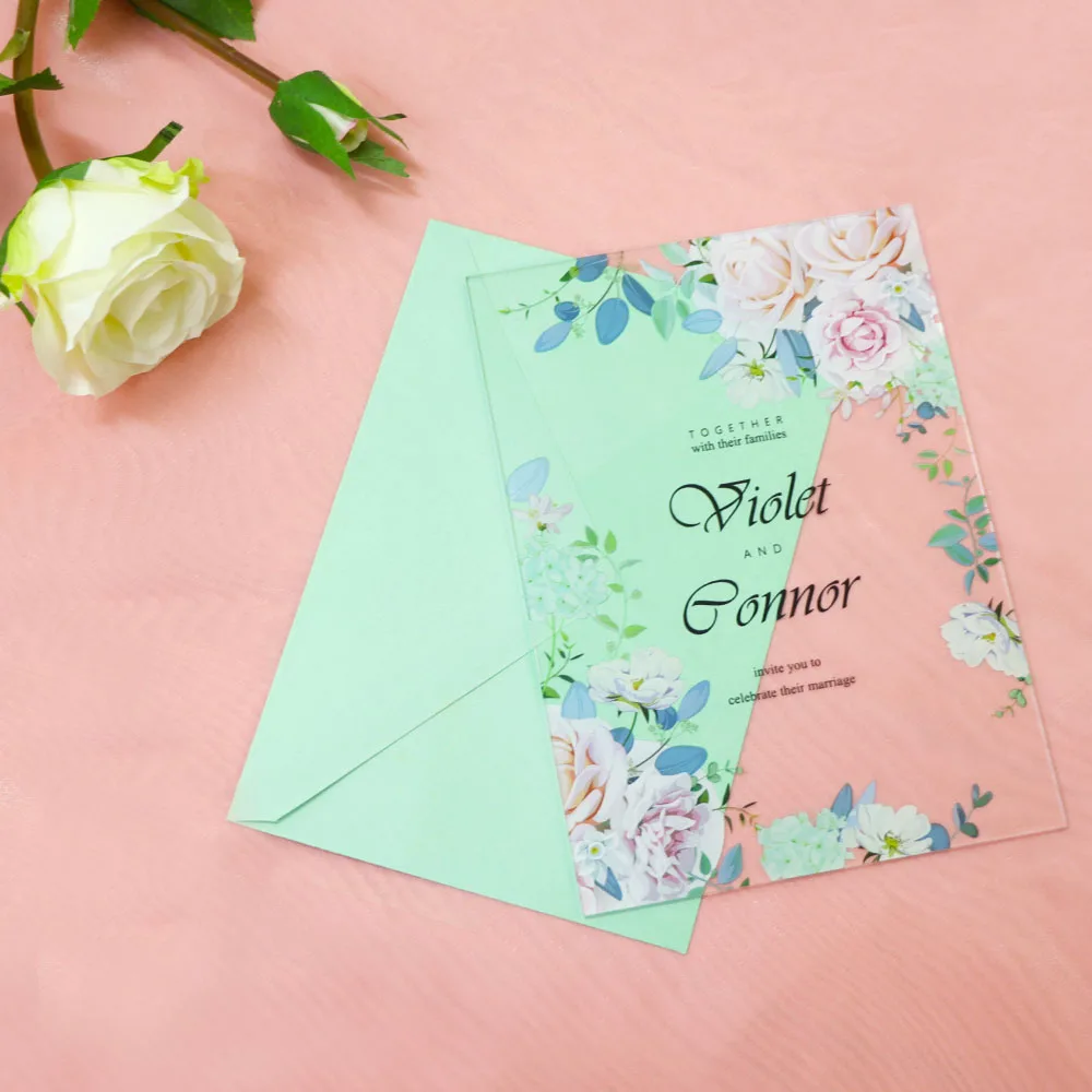 Transparent custom gold foil silkscreen flower acrylic wedding invitations card