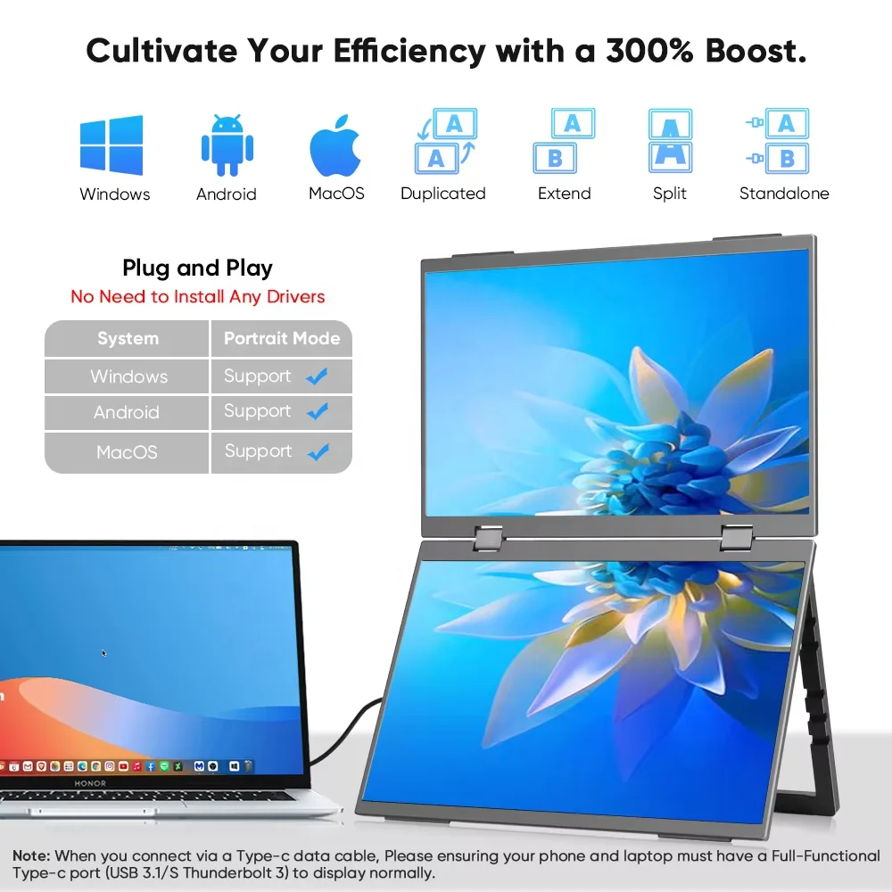No Driver Installation Needed Hot triple portable monitor dual gaming laptop usb monitor Foldable extender for Wins Mac laptop