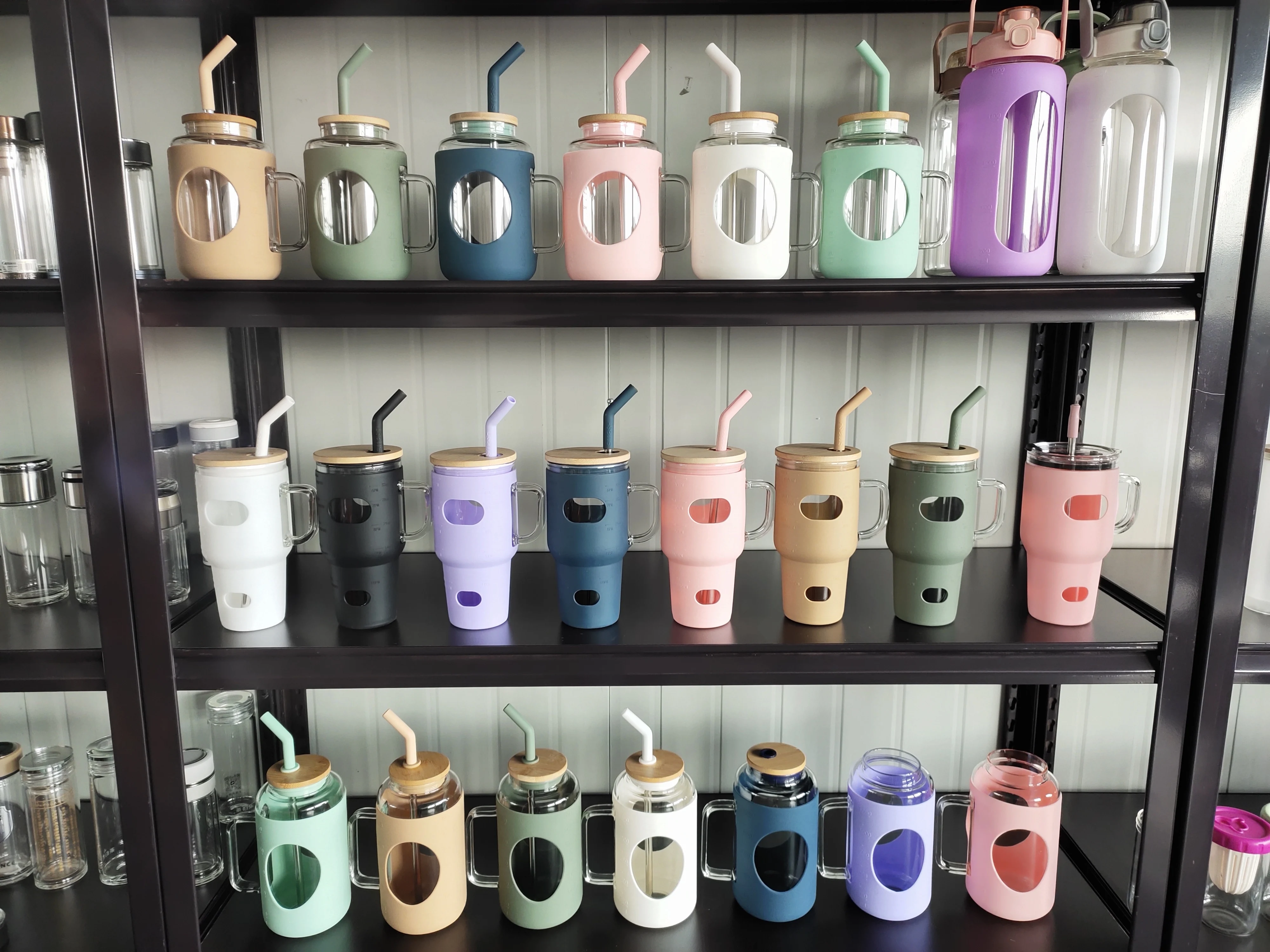 32oz 40oz 50oz glass jar water bottle with time marker  glass cola can travel tumbler with bamboo lid and straw mug