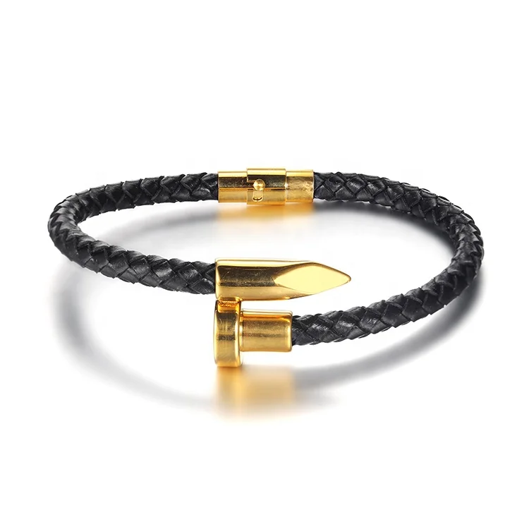 New Arrival Genuine Leather Hand Jewelry Stainless Steel Magnetic Clasp Screw Nail Braided Leather Bracelet