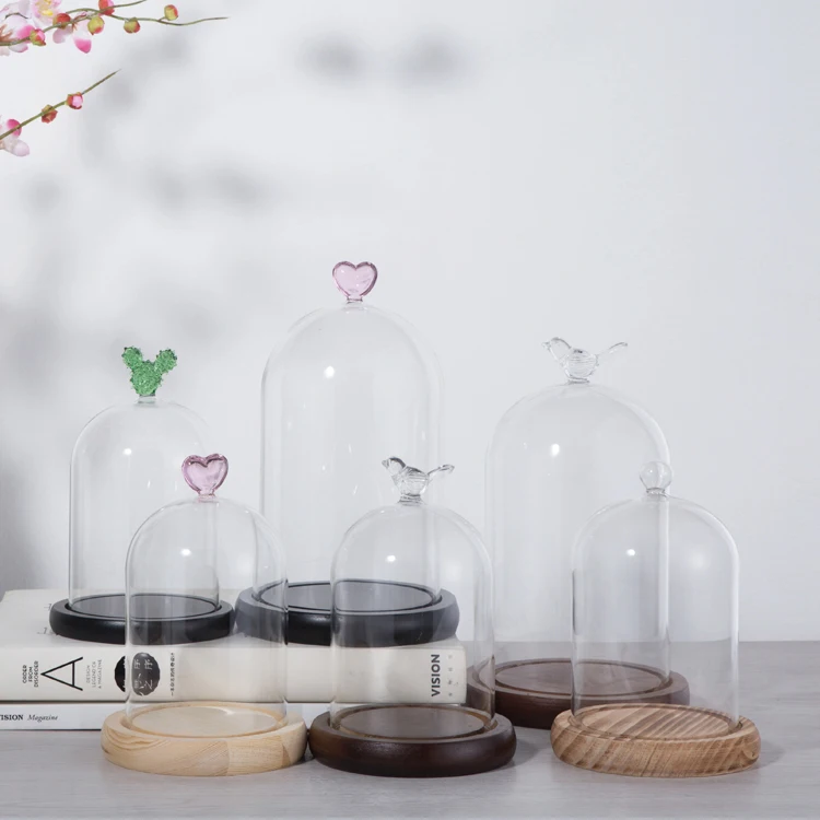 Heat Resistant Borosilicate Glass Clear Dust Proof Glass Bell Jar Cloche Glass Dome with Cute Heart Handle and Wood Base