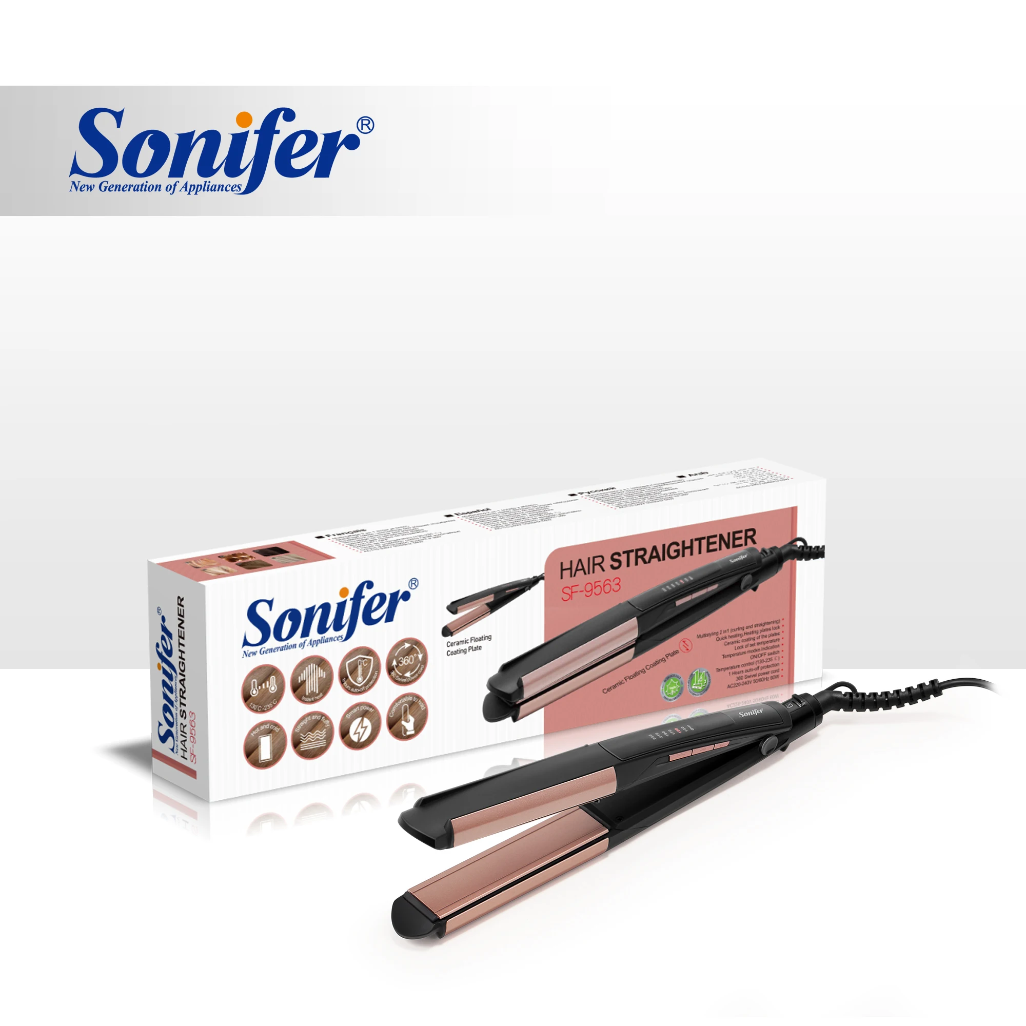 Sonifer SF-9563 360 Degree Swivel Cord 110 To 240V 2 in 1 Hair Straightener And Curler