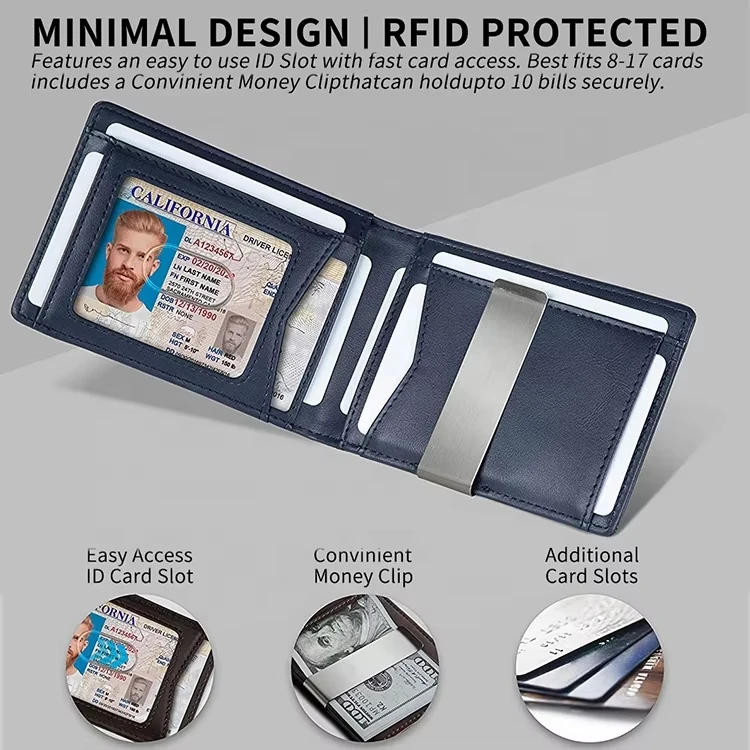 Custom Leather ID Window Card Case Wallet With Metal Money Clip RFID Blocking Business Slim Bifold Wallet For Man