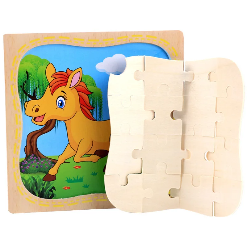 Hot sale 16 Pcs Teaching Aids Cartoon Puzzle Montessori early educational Wood Jigsaw Puzzle For Kids Toddler Boys & Girls CE