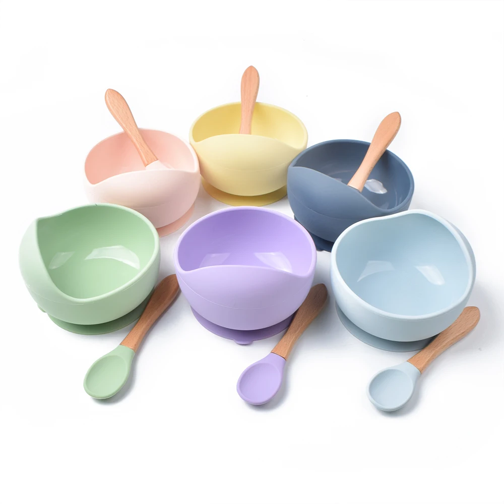 Unbreakable Microwave Safe Spill Resistant Flexible Silicone Feeding Set Silicone Baby Suction Bowl With Spoon