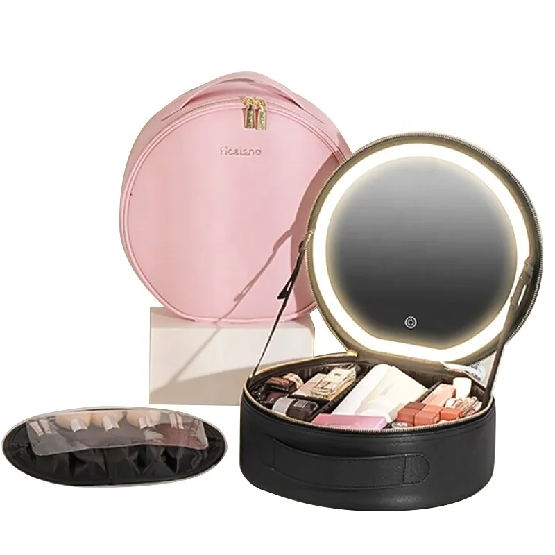 Portable Travel Waterproof Adjustable Light Cosmetic Organize Make Up Train Case Makeup Bag With Led Mirror