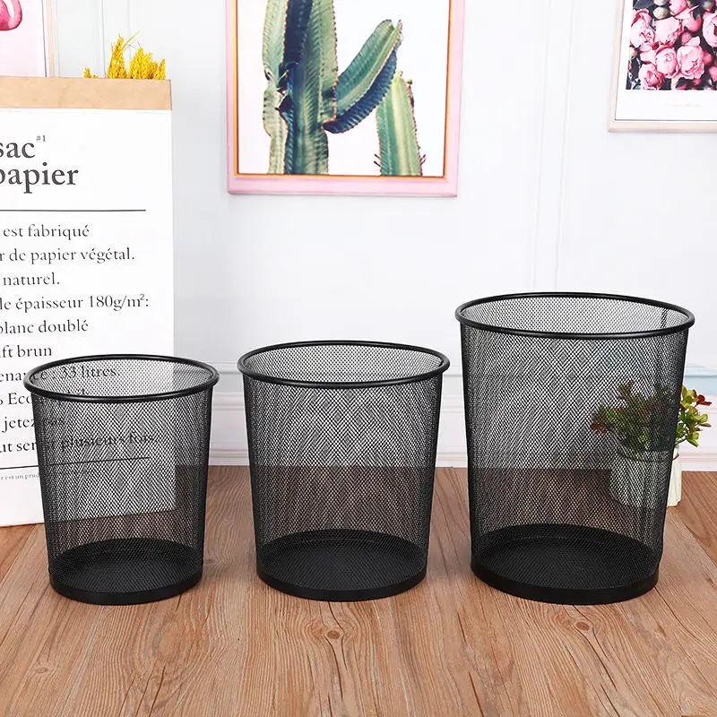 Minimalist Design Trash Bin Office Home Kitchen Black Metal Iron Mesh Garbage Can